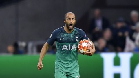 Tottenham's Lucas Moura celebrates after scoring a goal during the Champions League semifinal second leg soccer match between Ajax and Tottenham Hotspur at the Johan Cruyff ArenA in Amsterdam, Netherlands, Wednesday, May 8, 2019. (AP Photo/Martin Meissner)
