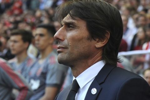 Chelsea manager Antonio Conte looks on prior to the English FA Cup final soccer match between Chelsea v Manchester United at Wembley stadium in London, England, Saturday, May 19, 2018. (AP Photo/Rui Vieira)