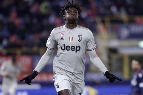 Juventus' Moise Kean celebrates after scoring during a round of 16 Italian Cup soccer match between Bologna and Juventus at the Renato Dall'Ara stadium in Bologna, Italy, Saturday, Jan. 12, 2019. (AP Photo/Luca Bruno)