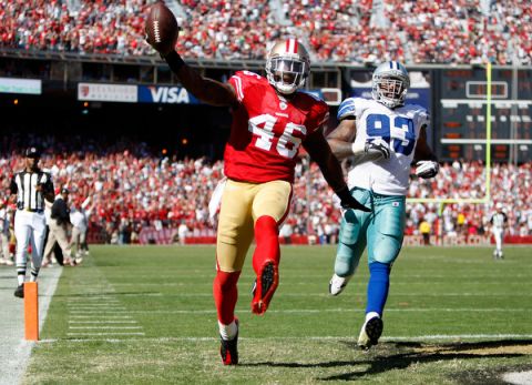 Sept. 18, 2011 - San Francisco, CA, USA - San Francisco 49ers Delanie Walker (46) celebrates his touchdown against Dallas Cowboys Anthony Spencer (93) in third quarter. The Dallas Cowboys defeated the San Francisco 49ers, 27-24 in overtime at Candlestick Park in San Francisco, California on Sunday, September 18, 2011