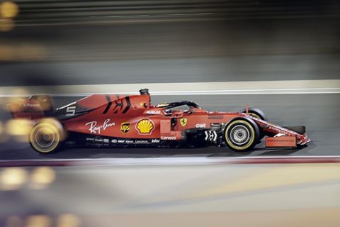 Ferrari driver Sebastian Vettel of Germany steers his car during the second free practice at the Formula One Bahrain International Circuit in Sakhir, Bahrain, Friday, March 29, 2019. The Bahrain Formula One Grand Prix will take place on Sunday. (AP Photo/Hassan Ammar)