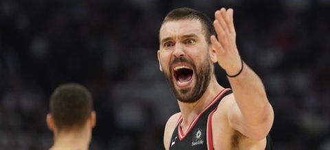Toronto Raptors' Marc Gasol reacts to a call during the first half of Game 1 of the NBA Eastern Conference basketball playoff finals against the Milwaukee Bucks Wednesday, May 15, 2019, in Milwaukee. (AP Photo/Morry Gash)