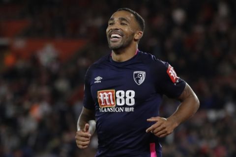 Bournemouth's Callum Wilson celebrates after scoring his side's third goal during the English Premier League soccer match between Southampton and Bournemouth at St Mary's stadium in Southampton, England, Friday, Sept. 20, 2019. (AP Photo/Kirsty Wigglesworth)