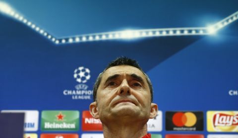 FC Barcelona's coach Ernesto Valverde attends a press conference at the Sports Center FC Barcelona Joan Gamper in Sant Joan Despi, Tuesday, March 13, 2018. FC Barcelona will play against Chelsea in a Champions League round of sixteen, second leg on  Wednesday. (AP Photo/Manu Fernandez)