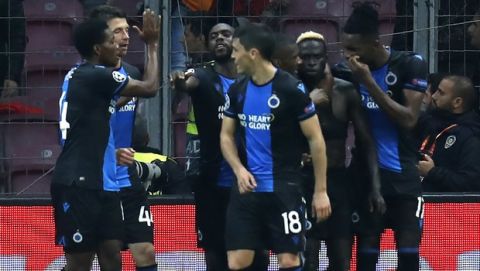 Club Brugge players celebrate a goal against Galatasaray during the Champions League group A soccer match between Galatasaray and Club Brugge in Istanbul, Tuesday, Nov. 26, 2019. (AP Photo/Lefteris Pitarakis)