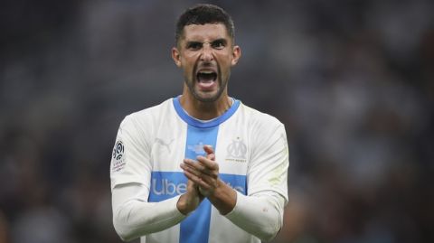 Marseille's Alvaro reacts during the French League One soccer match between Marseille and Saint-Étienne at the Velodrome stadium in Marseille, southern France, Sunday, Sept. 1, 2019. (AP Photo/Daniel Cole)