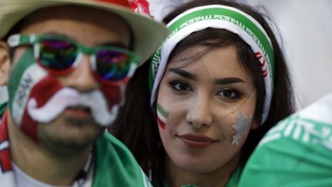 Iranian fans wait for the start of the group B match between Iran and Spain at the 2018 soccer World Cup in the Kazan Arena in Kazan, Russia, Wednesday, June 20, 2018. (AP Photo/Manu Fernandez)