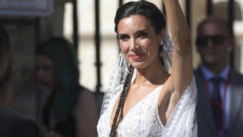 Model and presenter Pilar Rubio reacts as she arrives at Seville's cathedral on Saturday, Jun 15, 2019, ahead of her weeding with Real Madrid defender Sergio Ramos in Seville, Spain. (AP Photo/Antonio Pizarro)