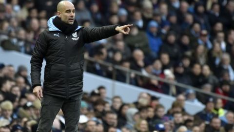 Manchester City's head coach Pep Guardiola gives instructions to his players during the English Premier League soccer match between Manchester City and Crystal Palace at Etihad stadium in Manchester, England, Saturday, Jan. 18, 2020. (AP Photo/Rui Vieira)