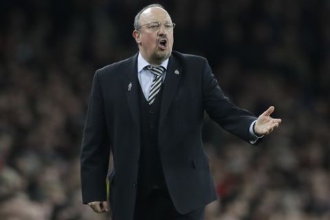 Newcastle's manager Rafael Benitez shouts during the English Premier League soccer match between Arsenal and Newcastle United at Emirates stadium in London, Monday, April 1, 2019. (AP Photo/Kirsty Wigglesworth)