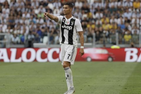 Juventus' Cristiano Ronaldo gestures during a Serie A soccer match between Juventus and Lazio, at the Allianz stadium in Turin, Italy,Saturday, Aug. 25, 2018. (AP Photo/Luca Bruno)