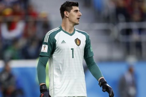 Belgium goalkeeper Thibaut Courtois stands during the semifinal match between France and Belgium at the 2018 soccer World Cup in the St. Petersburg Stadium, in St. Petersburg, Russia, Tuesday, July 10, 2018. (AP Photo/David Vincent)