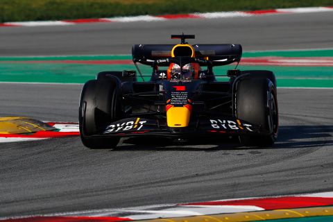Red Bull driver Max Verstappen of the Netherlands drives through a curve during a Formula One pre-season testing session at the Catalunya racetrack in Montmelo, just outside of Barcelona, Spain, Wednesday, Feb. 23, 2022. (AP Photo/Joan Monfort)