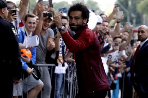 Liverpool's Mohamed Salah as the team arrive at the team's hotel in Kiev, Ukraine, Thursday, May 24, 2018. Liverpool will play Real Madrid in the Champions League final soccer match in Kiev on Saturday May 26. (AP Photo/Sergei Grits)
