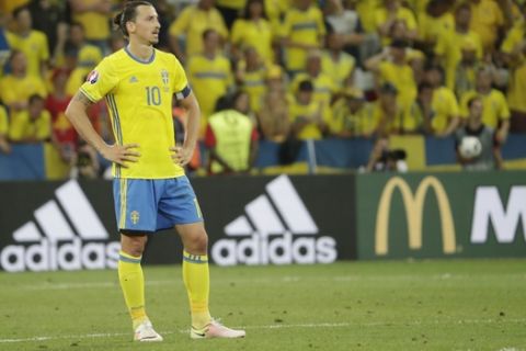 Sweden's Zlatan Ibrahimovic stands dejected  during the Euro 2016 Group E soccer match between Sweden and Belgium at the Allianz Riviera stadium in Nice, France, Wednesday, June 22, 2016. (AP Photo/Ariel Schalit)