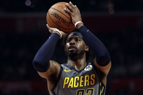 Indiana Pacers' Wesley Matthews during an NBA basketball game Tuesday, March 19, 2019, in Los Angeles. (AP Photo/Marcio Jose Sanchez)