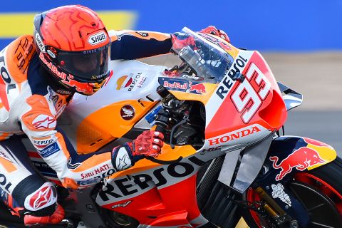 Spain's rider Marc Marquez of the Repsol Honda Team steers his motorcycle during the warm up for the British Motorcycle Grand Prix at the Silverstone racetrack, in Silverstone, England, Sunday, Aug. 6, 2023. (AP Photo/Rui Vieira)