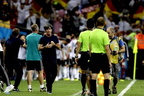 Germany head coach Joachim Loew reacts after Toni Kroos scored his side's second goal during the group F match between Germany and Sweden at the 2018 soccer World Cup in the Fisht Stadium in Sochi, Russia, Saturday, June 23, 2018. (AP Photo/Michael Probst)