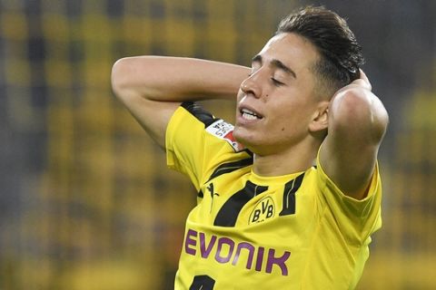 Dortmund's Emre Mor reacts disappointed during the German Bundesliga soccer match between Borussia Dortmund and Hertha BSC Berlin in Dortmund, Germany, Friday, Oct. 14, 2016. (AP Photo/Martin Meissner)