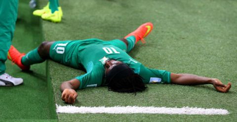 FORTALEZA, BRAZIL - JUNE 24: Gervinho of the Ivory Coast lies on the ground during the 2014 FIFA World Cup Brazil Group C match between Greece and Cote D'Ivoire at Estadio Castelao on June 24, 2014 in Fortaleza, Brazil.  (Photo by Alex Livesey - FIFA/FIFA via Getty Images)