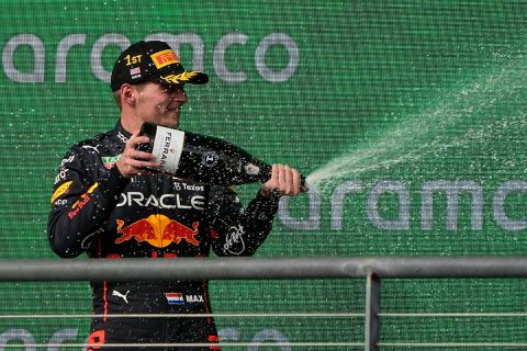 Red Bull driver Max Verstappen, of the Netherlands, sprays champagne after winning the Formula One U.S. Grand Prix auto race at Circuit of the Americas, Sunday, Oct. 23, 2022, in Austin, Texas. (AP Photo/Eric Gay)