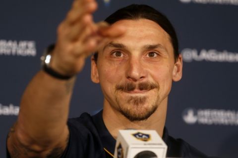 LA Galaxy's newest player Zlatan Ibrahimovic of Sweden, gestures as he speaks during an MLS soccer press conference at the StubHub Center, March 30, 2018 in Carson, Calif. (AP Photo/Ringo H.W. Chiu)