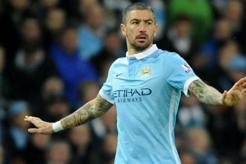 Manchester Citys Aleksandar Kolarov during the English League Cup Fourth Round soccer match between Manchester City and Crystal Palace at the Etihad Stadium, Manchester, England, Wednesday, Oct. 28, 2015. (AP Photo/Rui Vieira)
