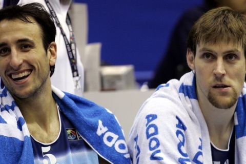 Argentina's star player Manu Ginobili of NBA's San Antonio Spurs, left, and Andres Nocioni of the Chicago Bulls watch their team beat Lebanon in Sendai, Japan,  Sunday Aug. 20, 2006 during a preliminary round World basketball championship match. (AP Photo/Dusan Vranic)