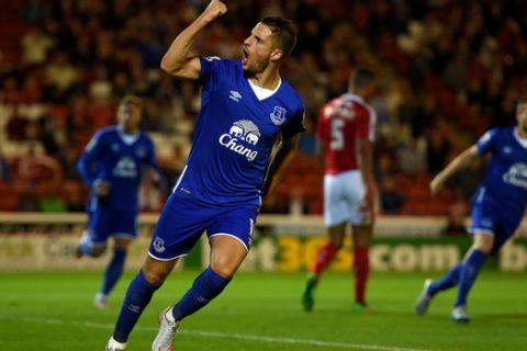 BARNSLEY, ENGLAND - AUGUST 26:  Kevin Mirallas of Everton celebrates scoring his team's opening goal during the Capital One Cup second round match between Barnsley and Everton at Oakwell Stadium on August 26, 2015 in Barnsley, England.  (Photo by Michael Regan/Getty Images)