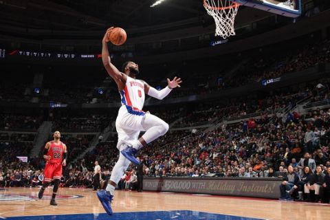 AUBURN HILLS, MI - DECEMBER 6: Andre Drummond #0 of the Detroit Pistons goes up for a dunk against the Chicago Bulls on December 6, 2016 at The Palace of Auburn Hills in Auburn Hills, Michigan. NOTE TO USER: User expressly acknowledges and agrees that, by downloading and/or using this photograph, User is consenting to the terms and conditions of the Getty Images License Agreement. Mandatory Copyright Notice: Copyright 2016 NBAE (Photo by Chris Schwegler/NBAE via Getty Images)