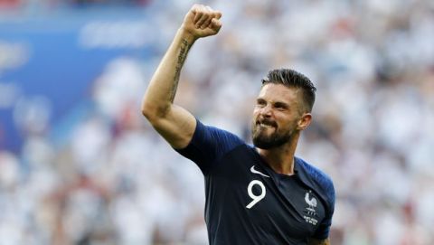 France's Olivier Giroud celebrates after the round of 16 match between France and Argentina, at the 2018 soccer World Cup at the Kazan Arena in Kazan, Russia, Saturday, June 30, 2018. (AP Photo/David Vincent)