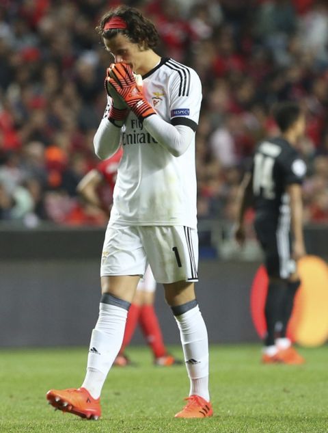 Benfica goalkeeper Mile Svilar reacts during the Champions League group A soccer match between Manchester United and Benfica at Benfica's Luz stadium in Lisbon, Wednesday, Oct. 18, 2017. (AP Photo/Armando Franca)