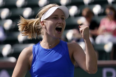 Daria Saville, of Australia, celebrates winning a game over Zhang Shuai, of China, at the BNP Paribas Open tennis tournament Thursday, March 10, 2022, in Indian Wells, Calif. (AP Photo/Mark J. Terrill)