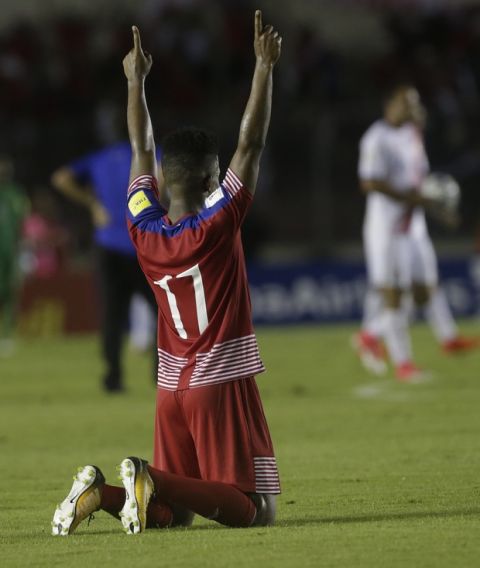 Panama's Luis Ovalle celebrates his team's 2-1 victory over Costa Rica at the end of a 2018 Russia World Cup qualifying soccer match in Panama City, Tuesday, Oct. 10, 2017. (AP Photo/Arnulfo Franco)