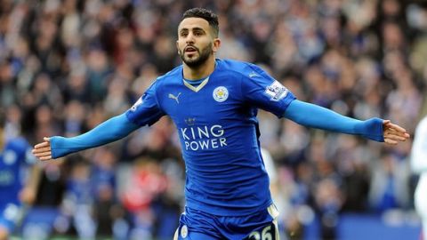 LEICESTER, ENGLAND - APRIL 24 : Riyad Mahrez of Leicester City celebrates after scoring to make it 1-0 during the Barclays Premier League match between Leicester City and Swansea City at the King Power Stadium on April 24 , 2016 in Leicester, United Kingdom.  (Photo by Plumb Images/Leicester City FC via Getty Images)