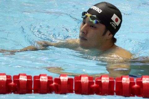 Japan's Daiya Seto reacts after his heat of the men's 400m individual medley at the World Swimming Championships in Gwangju, South Korea, Sunday, July 28, 2019. (AP Photo/Mark Schiefelbein)