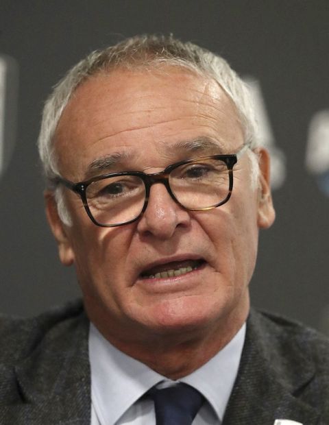 Soccer team manager Claudio Ranieri reacts during the press conference at Fulham's Craven Cottage stadium in London, Friday Nov. 16, 2018. Ranieri is appointed as manager for struggling English Premier League club Fulham. (Simon Cooper/PA via AP)