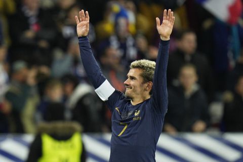 France's Antoine Griezmann celebrates after the Euro 2024 group B qualifying soccer match between France and Gibraltar in Nice, France, Saturday, Nov. 18, 2023. France won 14-0. (AP Photo/Daniel Cole)