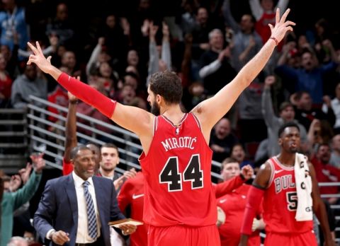 CHICAGO, IL - DECEMBER 18:  Nikola Mirotic #44 of the Chicago Bulls celebrates hitting a three point shot against the Philadelphia 76ers on December 18, 2017 at the United Center in Chicago, Illinois. NOTE TO USER: User expressly acknowledges and agrees that, by downloading and or using this photograph, user is consenting to the terms and conditions of the Getty Images License Agreement.  Mandatory Copyright Notice: Copyright 2017 NBAE (Photo by Gary Dineen/NBAE via Getty Images)