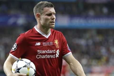Liverpool's James Milner during the Champions League Final soccer match between Real Madrid and Liverpool at the Olimpiyskiy Stadium in Kiev, Ukraine, Saturday, May 26, 2018. (AP Photo/Sergei Grits)