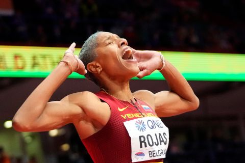 Yulimar Rojas, of Venezuela, reacts after an attempt in the Women's triple jump at the World Athletics Indoor Championships in Belgrade, Serbia, Sunday, March 20, 2022.(AP Photo/Darko Vojinovic)