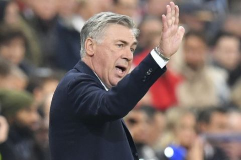 Napoli's head coach Carlo Ancelotti gestures during the Champions League Group E soccer match between FC Red Bull Salzburg and Napoli in Salzburg, Austria, Wednesday, Oct. 23, 2019. (AP Photo/Kerstin Joensson)