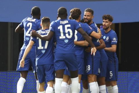 Chelsea players celebrate their side's first goal, scored by Chelsea's Christian Pulisic during the FA Cup final soccer match between Arsenal and Chelsea at Wembley stadium in London, England, Saturday, Aug.1, 2020. (Catherine Ivill/Pool via AP)
