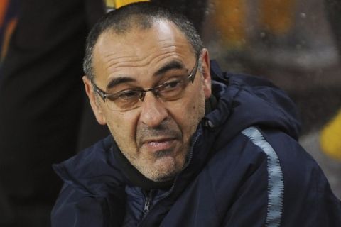 Chelsea manager Maurizio Sarri during the English Premier League soccer match between Wolverhampton Wanderers and Chelsea at the Molineux Stadium in Wolverhampton, England, Wednesday, Dec. 5, 2018. (AP Photo/Rui Vieira)