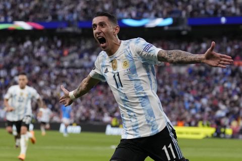 Ο Άνχελ Ντι Μαρία πανηγυρίζει γκολ με την Αργεντινή στο Finalissima κόντρα στην Ιταλία | 1 Ιουνίου 2022