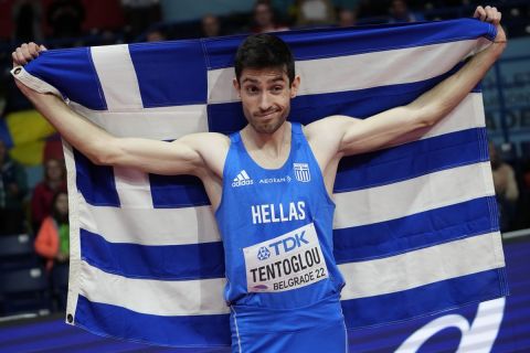 Miltiadis Tentoglou, of Greece, poses after winning the Men's long jump at the World Athletics Indoor Championships in Belgrade, Serbia, Friday, March 18, 2022. (AP Photo/Darko Vojinovic)
