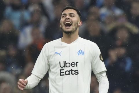 Marseille's Nemanja Radonjic reacts during the French League One soccer match between Marseille and Bordeaux at the Velodrome stadium in Marseille, southern France, Sunday, Dec. 08, 2019. (AP Photo/Daniel Cole)