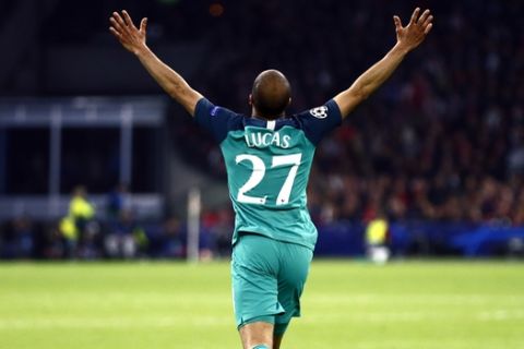 Tottenham's Lucas Moura celebrates after scoring his side's second goal during the Champions League semifinal second leg soccer match between Ajax and Tottenham Hotspur at the Johan Cruyff ArenA in Amsterdam, Netherlands, Wednesday, May 8, 2019. (AP Photo/Peter Dejong)
