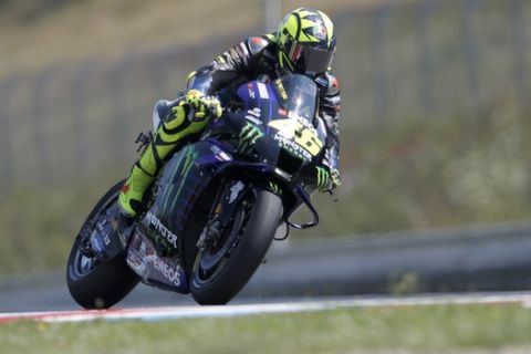 Italian rider Valentino Rossi competes during the MotoGP at the Czech Republic motorcycle Grand Prix at the Automotodrom Brno, in Brno, Czech Republic, Sunday, Aug. 9, 2020. (AP Photo/Petr David Josek)