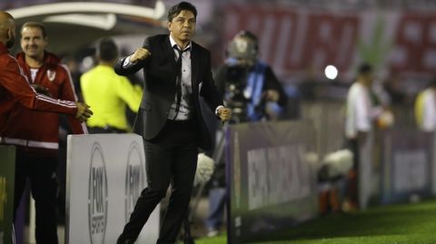 Coach Marcelo Gallardo of Argentina's River Plate celebrates his side's first goal against Colombia's Independiente Santa Fe during the Recopa Sudamericana final soccer match in Buenos Aires, Argentina, Thursday, Aug. 25, 2016. (AP Photo/Victor R. Caivano)